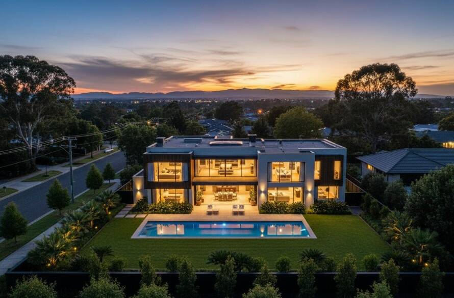 An epic, dusk aerial shot showcasing a beautifully lit modern home in Keysborough, Victoria, surrounded by lush green parks and a glimpse of the Dandenong Ranges in the distance, perfectly capturing 'Elevating Keysborough property appeal with professional real estate photography' with dramatic lighting and professional colour grading.