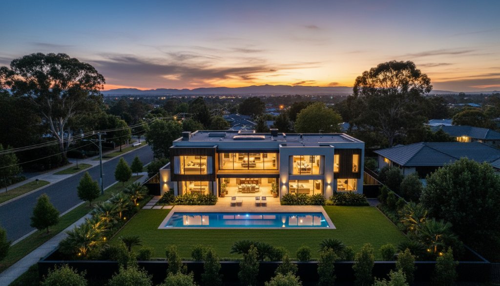 An epic, dusk aerial shot showcasing a beautifully lit modern home in Keysborough, Victoria, surrounded by lush green parks and a glimpse of the Dandenong Ranges in the distance, perfectly capturing 'Elevating Keysborough property appeal with professional real estate photography' with dramatic lighting and professional colour grading.