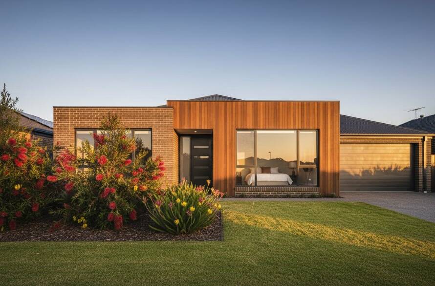 Wide-angle, cinematic shot showcasing a beautifully styled modern home in Kings Park Victoria at sunset, with golden hour light highlighting architectural details and lush garden, expertly demonstrating elevating Kings Park Victoria property listings with professional photography.