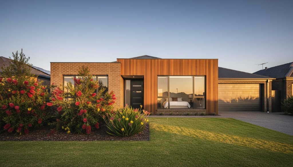 Wide-angle, cinematic shot showcasing a beautifully styled modern home in Kings Park Victoria at sunset, with golden hour light highlighting architectural details and lush garden, expertly demonstrating elevating Kings Park Victoria property listings with professional photography.