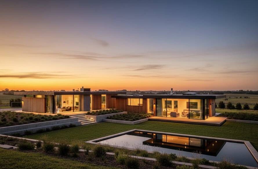 Dramatic sunset over a modern luxury home in Koo Wee Rup, Victoria, showcasing its grandeur with expert lighting, perfectly Elevating Koo Wee Rup Real Estate Listings with Professional Photography through a wide-angle, cinematic shot.