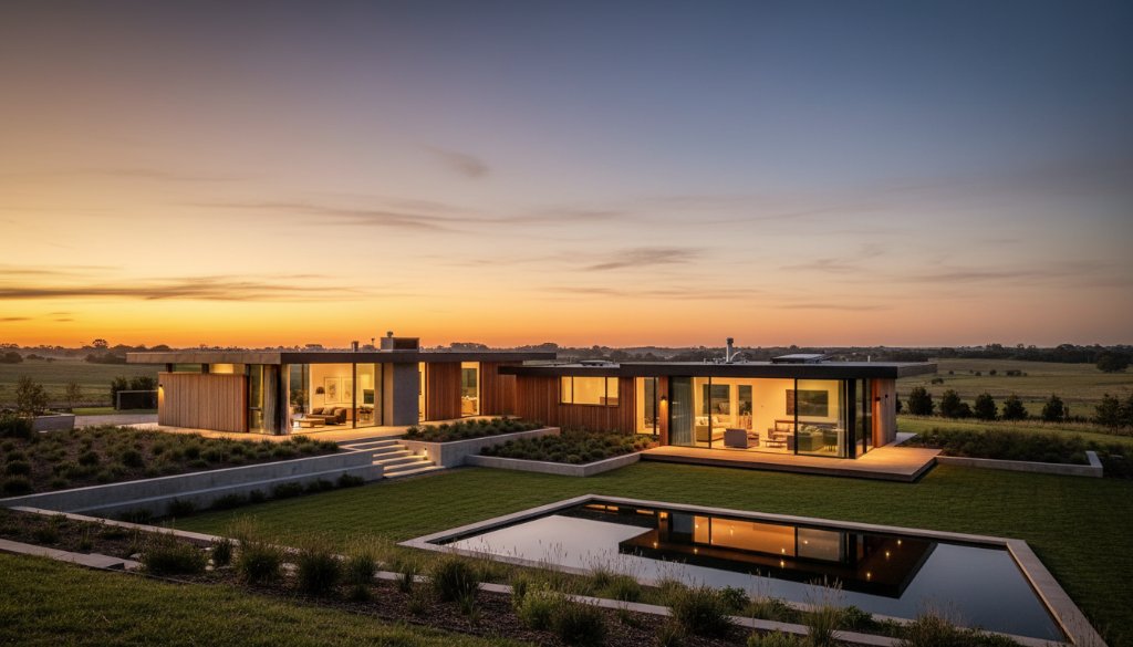 Dramatic sunset over a modern luxury home in Koo Wee Rup, Victoria, showcasing its grandeur with expert lighting, perfectly Elevating Koo Wee Rup Real Estate Listings with Professional Photography through a wide-angle, cinematic shot.