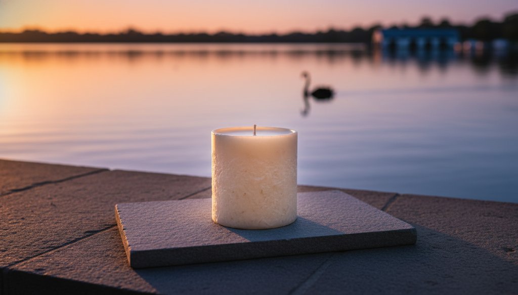 An epic moment capture of a handcrafted artisan product, perhaps a bespoke ceramic mug, beautifully illuminated by the golden hour light reflecting off Lake Wendouree, showcasing the detailed texture against a subtly blurred backdrop of the iconic Black Swan boats, perfectly demonstrating elevating Lake Wendouree product photography for Ballarat businesses.