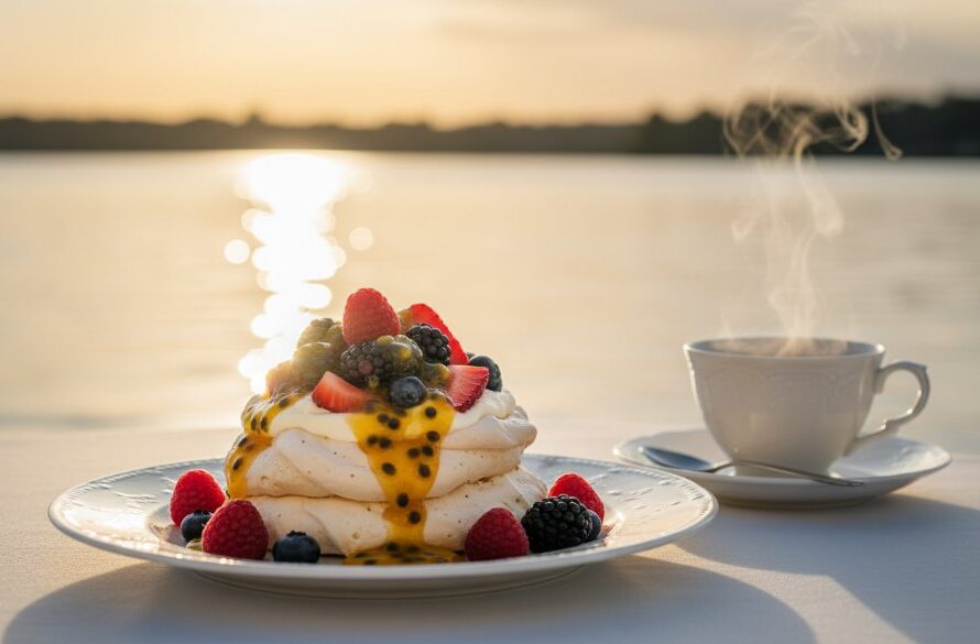 An exquisite aerial shot, perfectly composed and dramatically lit, of a gourmet tasting platter set against the serene, sparkling waters of Lake Wendouree at sunset, symbolising the power of elevating Lake Wendouree restaurant menus with professional food photography to entice diners.