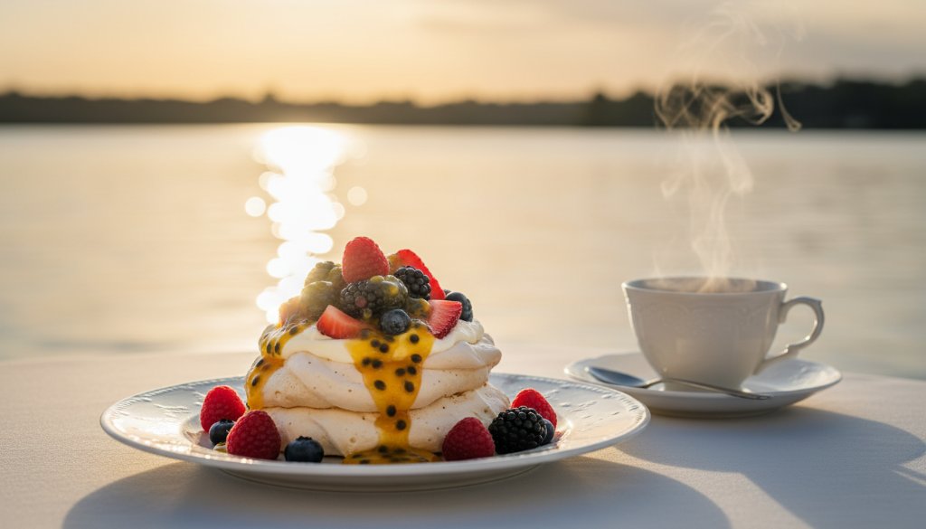 An exquisite aerial shot, perfectly composed and dramatically lit, of a gourmet tasting platter set against the serene, sparkling waters of Lake Wendouree at sunset, symbolising the power of elevating Lake Wendouree restaurant menus with professional food photography to entice diners.