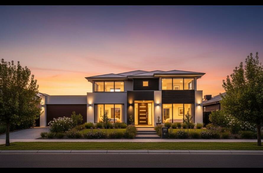 Dramatic wide-angle view capturing the modern facade of a beautifully staged home in Laverton at sunset, showcasing its spacious garden and inviting warmth, embodying the essence of elevating Laverton property appeal photography.