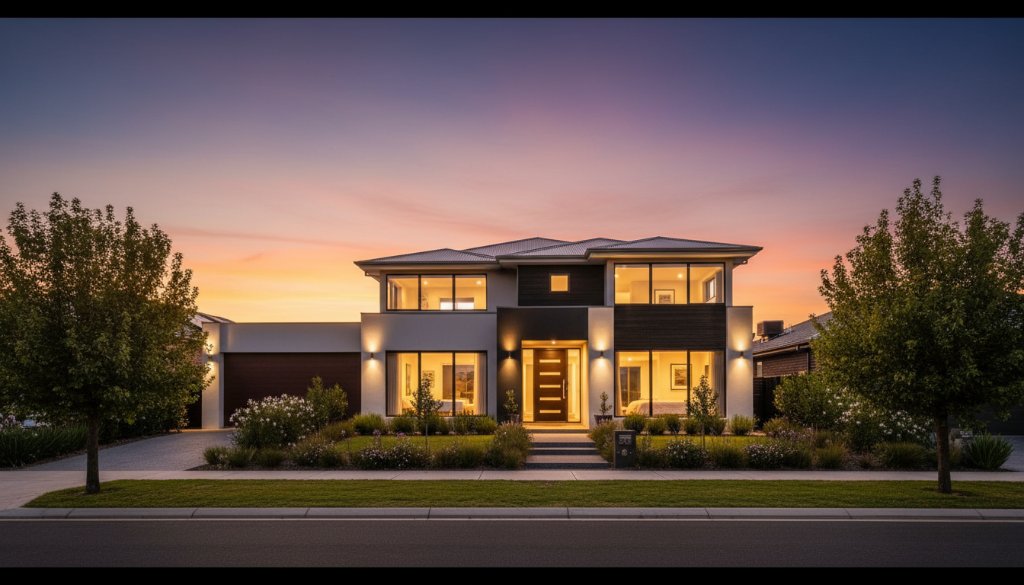 Dramatic wide-angle view capturing the modern facade of a beautifully staged home in Laverton at sunset, showcasing its spacious garden and inviting warmth, embodying the essence of elevating Laverton property appeal photography.