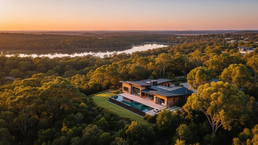 An aerial wide shot capturing the golden hour glow over a modern luxury home in Lysterfield, Victoria, with Lysterfield Lake in the background, perfectly demonstrating elevating Lysterfield homes with professional real estate photography for an epic buyer experience.