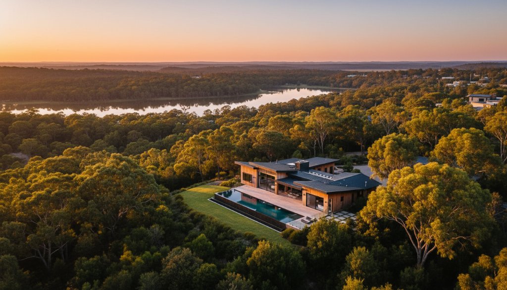 An aerial wide shot capturing the golden hour glow over a modern luxury home in Lysterfield, Victoria, with Lysterfield Lake in the background, perfectly demonstrating elevating Lysterfield homes with professional real estate photography for an epic buyer experience.