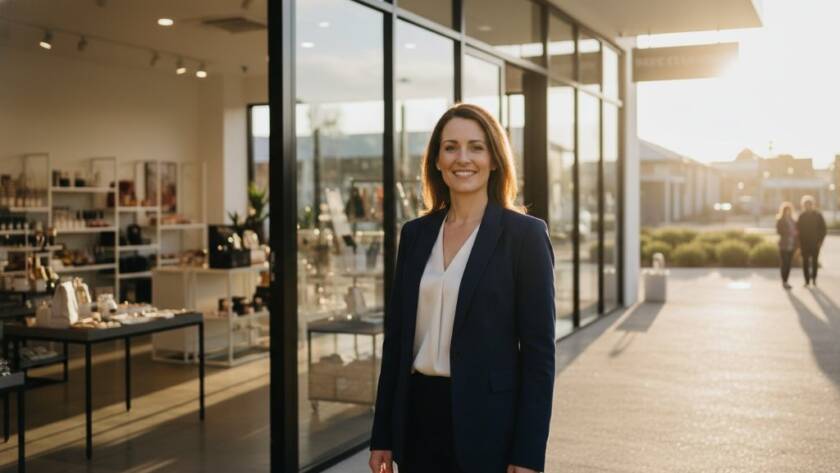 An inspiring wide-angle shot of a local Manor Lakes business owner proudly presenting their artisanal product, bathed in golden hour sunlight, symbolising how Elevating Manor Lakes Brands with Expert Commercial Photography brings success and community connection. The scene captures an epic moment of local entrepreneurship thriving.
