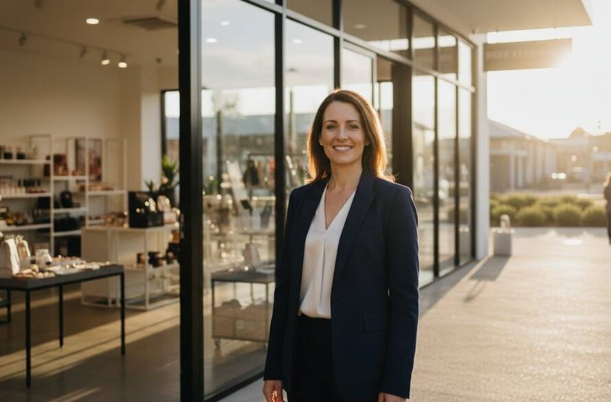 An inspiring wide-angle shot of a local Manor Lakes business owner proudly presenting their artisanal product, bathed in golden hour sunlight, symbolising how Elevating Manor Lakes Brands with Expert Commercial Photography brings success and community connection. The scene captures an epic moment of local entrepreneurship thriving.