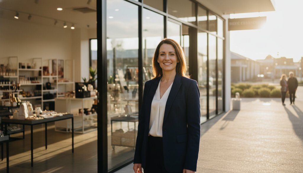 An inspiring wide-angle shot of a local Manor Lakes business owner proudly presenting their artisanal product, bathed in golden hour sunlight, symbolising how Elevating Manor Lakes Brands with Expert Commercial Photography brings success and community connection. The scene captures an epic moment of local entrepreneurship thriving.