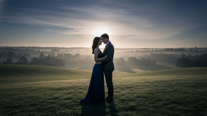 An epic moment captured, showcasing the power of elevating memories with fine art photography Croydon South Victoria, featuring a couple embracing under dramatic sunset light in a picturesque Croydon South park, embodying a timeless, painterly quality.