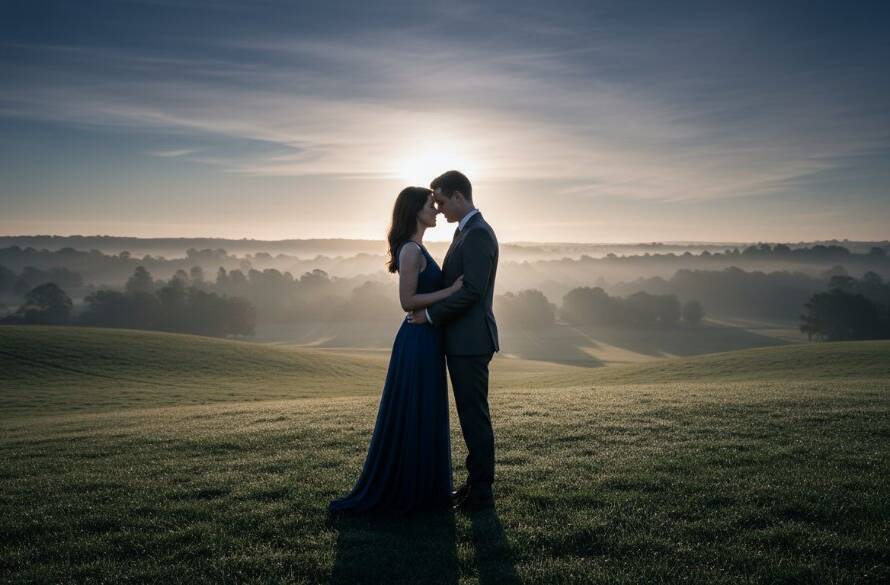 An epic moment captured, showcasing the power of elevating memories with fine art photography Croydon South Victoria, featuring a couple embracing under dramatic sunset light in a picturesque Croydon South park, embodying a timeless, painterly quality.