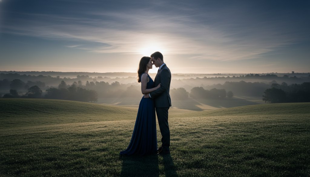An epic moment captured, showcasing the power of elevating memories with fine art photography Croydon South Victoria, featuring a couple embracing under dramatic sunset light in a picturesque Croydon South park, embodying a timeless, painterly quality.