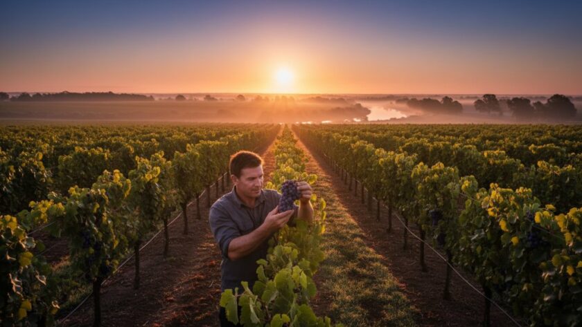 Dramatic, high-impact commercial photograph showcasing the success of a local Merbein winery, with a winemaker passionately tending to grapevines at sunrise, symbolizing the dedication and quality achieved through elevating Merbein businesses with commercial photography expertise.