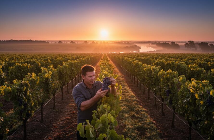 Dramatic, high-impact commercial photograph showcasing the success of a local Merbein winery, with a winemaker passionately tending to grapevines at sunrise, symbolizing the dedication and quality achieved through elevating Merbein businesses with commercial photography expertise.