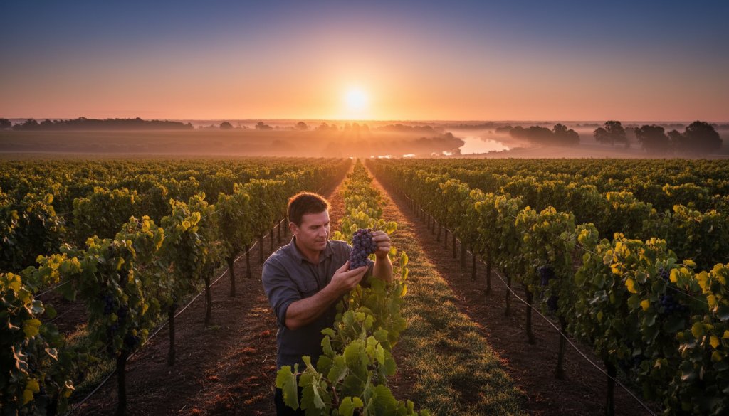 Dramatic, high-impact commercial photograph showcasing the success of a local Merbein winery, with a winemaker passionately tending to grapevines at sunrise, symbolizing the dedication and quality achieved through elevating Merbein businesses with commercial photography expertise.