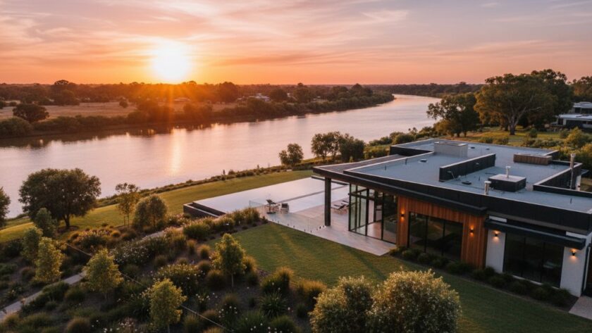 Elevating Mildura Property Listings Photography: A dramatic twilight drone shot of a luxurious modern home in Mildura, Victoria, with a sparkling pool and manicured gardens, bathed in warm golden light, capturing its aspirational beauty.