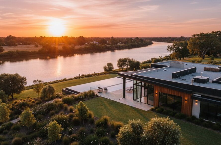 Elevating Mildura Property Listings Photography: A dramatic twilight drone shot of a luxurious modern home in Mildura, Victoria, with a sparkling pool and manicured gardens, bathed in warm golden light, capturing its aspirational beauty.