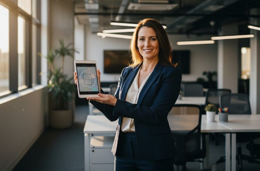 An epic moment captured in Mount Helen, showing a local business owner passionately presenting a product in a modern, well-lit studio space, demonstrating elevating Mount Helen business branding photography with dramatic, professional lighting and rich colour grading.