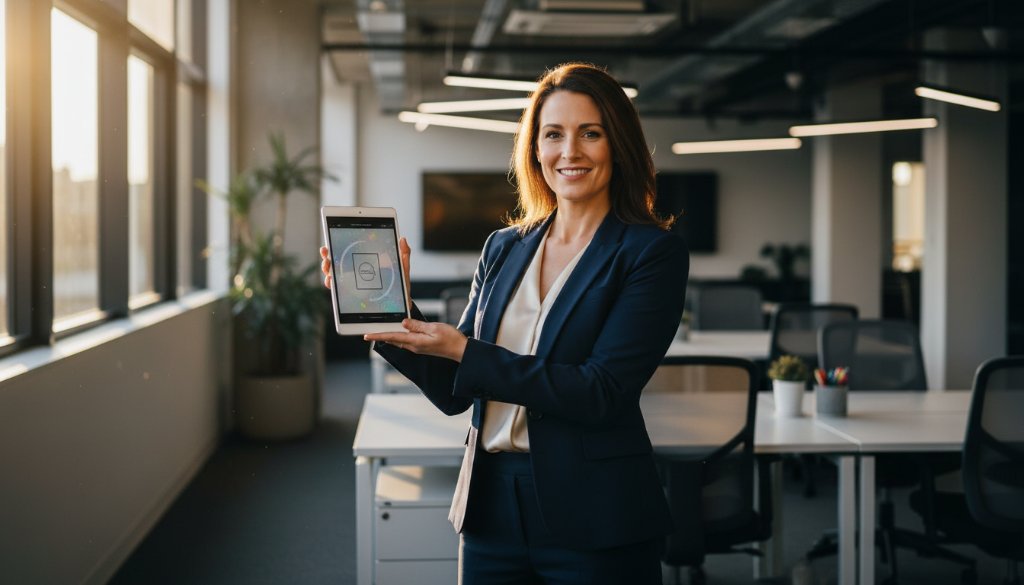 An epic moment captured in Mount Helen, showing a local business owner passionately presenting a product in a modern, well-lit studio space, demonstrating elevating Mount Helen business branding photography with dramatic, professional lighting and rich colour grading.