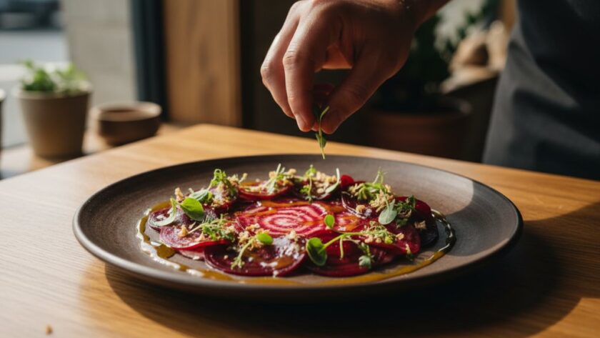 Dynamic overhead shot capturing the essence of 'Elevating Newtown Victoria local produce food photography,' featuring perfectly styled, vibrant local vegetables and herbs arranged on a rustic wooden table with dramatic natural light highlighting their freshness, creating an inspiring culinary scene.