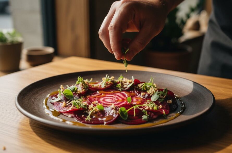 Dynamic overhead shot capturing the essence of 'Elevating Newtown Victoria local produce food photography,' featuring perfectly styled, vibrant local vegetables and herbs arranged on a rustic wooden table with dramatic natural light highlighting their freshness, creating an inspiring culinary scene.