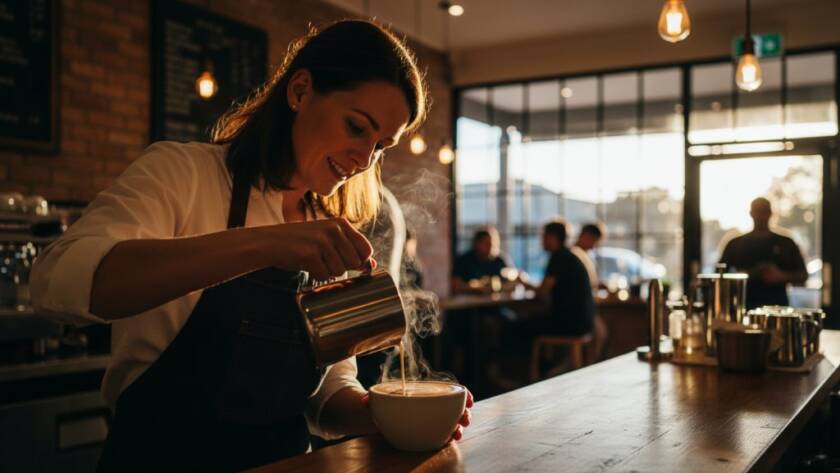 A dynamic, high-angle shot showcasing a local Oakleigh artisan passionately detailing a handmade product in their studio, bathed in golden hour light, reflecting the authentic brand story. This image is perfect for elevating Oakleigh business profiles with authentic branding photography, capturing a genuine moment of craftsmanship.
