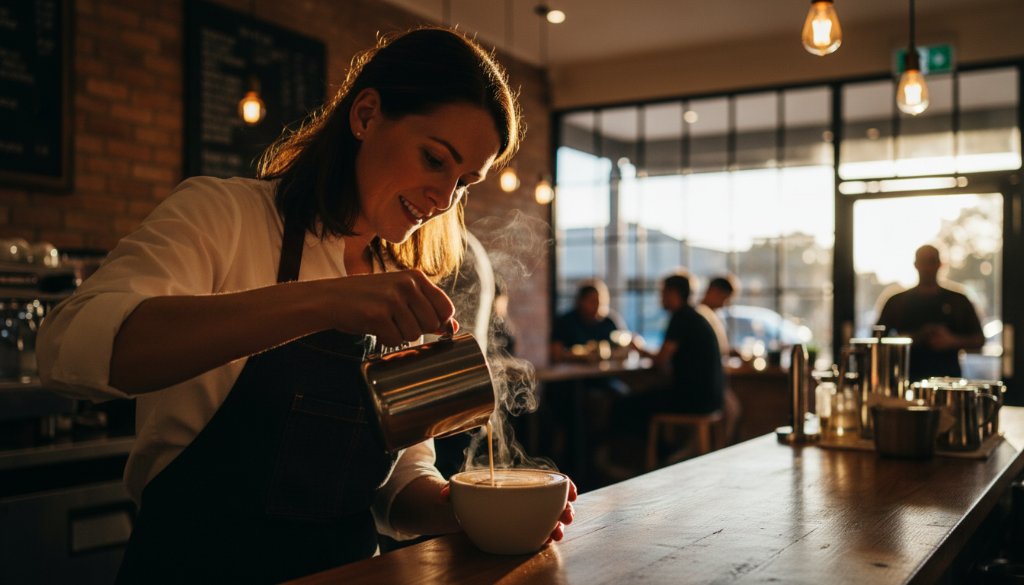 A dynamic, high-angle shot showcasing a local Oakleigh artisan passionately detailing a handmade product in their studio, bathed in golden hour light, reflecting the authentic brand story. This image is perfect for elevating Oakleigh business profiles with authentic branding photography, capturing a genuine moment of craftsmanship.