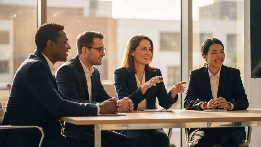 A candid, dramatic, and professionally colour-graded photograph capturing an executive sharing a genuine, confident smile during a team meeting in a modern Ormond office, symbolizing elevating Ormond corporate headshots with authenticity.