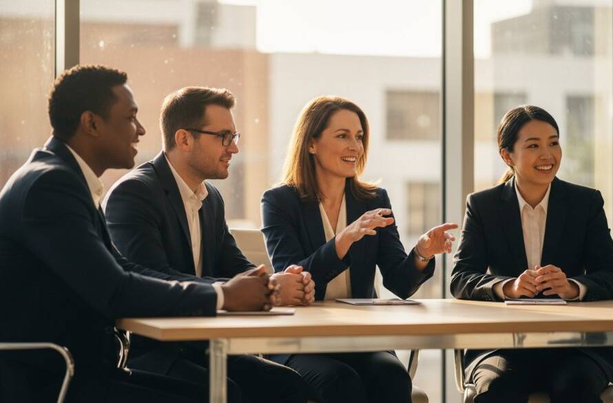 A candid, dramatic, and professionally colour-graded photograph capturing an executive sharing a genuine, confident smile during a team meeting in a modern Ormond office, symbolizing elevating Ormond corporate headshots with authenticity.