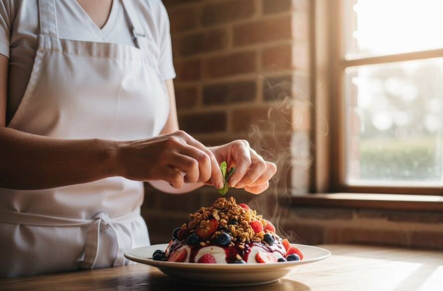 Dramatic, high-angle professional food photography shot showcasing a beautifully styled gourmet brunch spread on a rustic wooden table in a sun-drenched Park Orchards cafe, with warm, inviting colours, capturing the inviting atmosphere that comes from Elevating Park Orchards Cafe Menus with Professional Food Photography.