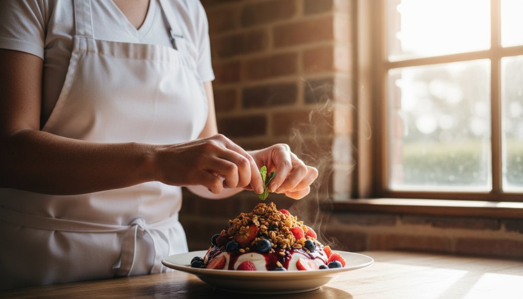 Dramatic, high-angle professional food photography shot showcasing a beautifully styled gourmet brunch spread on a rustic wooden table in a sun-drenched Park Orchards cafe, with warm, inviting colours, capturing the inviting atmosphere that comes from Elevating Park Orchards Cafe Menus with Professional Food Photography.