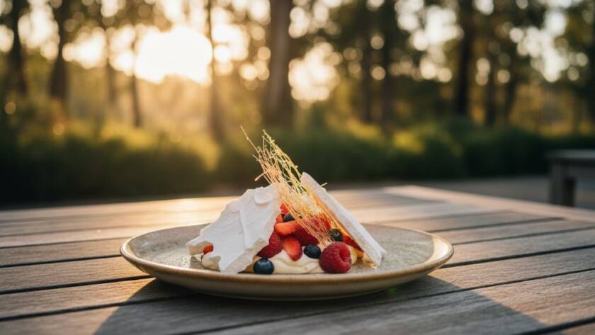 Dramatic, close-up shot of a perfectly plated, gourmet dish at an outdoor cafe in Park Orchards at sunset, steam rising delicately, expertly styled to showcase its fresh ingredients and inviting texture, embodying the visual feast for elevating Park Orchards eateries with professional food photography.