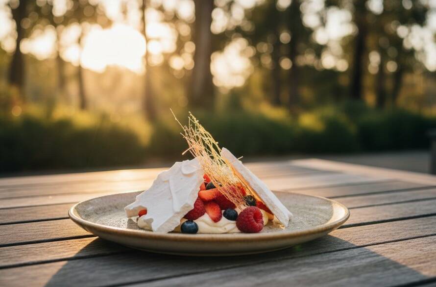 Dramatic, close-up shot of a perfectly plated, gourmet dish at an outdoor cafe in Park Orchards at sunset, steam rising delicately, expertly styled to showcase its fresh ingredients and inviting texture, embodying the visual feast for elevating Park Orchards eateries with professional food photography.