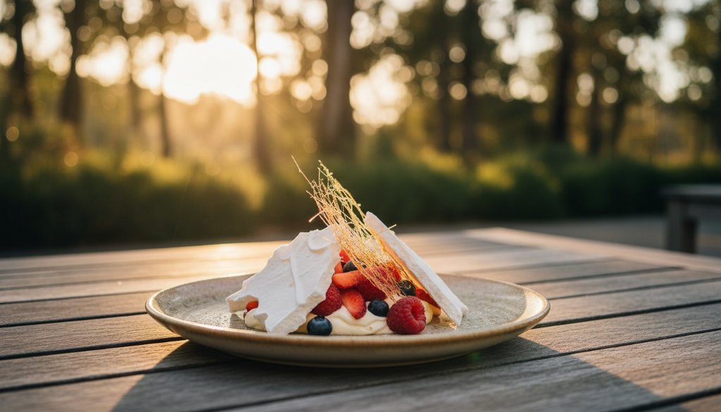 Dramatic, close-up shot of a perfectly plated, gourmet dish at an outdoor cafe in Park Orchards at sunset, steam rising delicately, expertly styled to showcase its fresh ingredients and inviting texture, embodying the visual feast for elevating Park Orchards eateries with professional food photography.