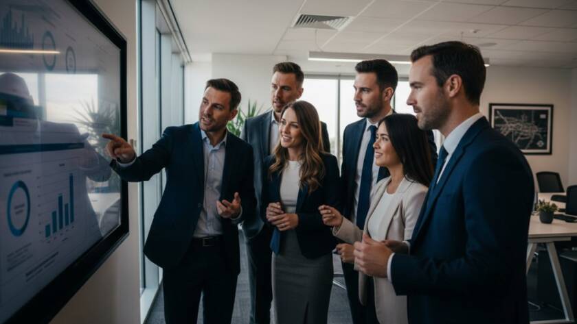 An inspiring wide-angle shot capturing the essence of elevating professional presence Templestowe Lower corporate photography, featuring a diverse team of professionals collaborating enthusiastically in a modern, light-filled office space in Templestowe Lower, Victoria, with dramatic natural light highlighting their engagement and determination.