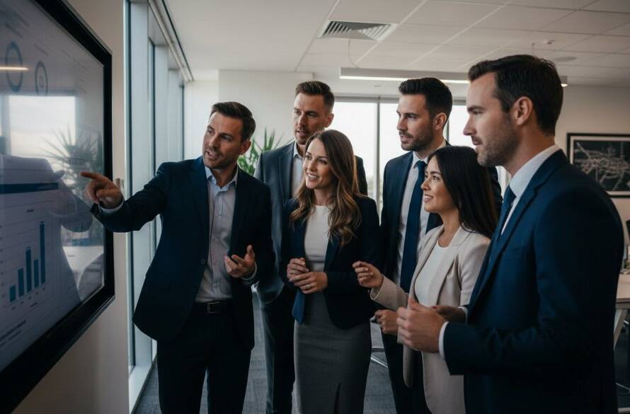 An inspiring wide-angle shot capturing the essence of elevating professional presence Templestowe Lower corporate photography, featuring a diverse team of professionals collaborating enthusiastically in a modern, light-filled office space in Templestowe Lower, Victoria, with dramatic natural light highlighting their engagement and determination.