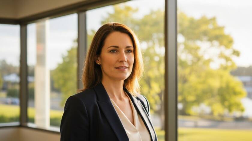 A dramatic, cinematically lit corporate headshot of a confident business professional in Ringwood North, Victoria, looking directly at the camera with a determined expression, demonstrating the impact of elevating Ringwood North corporate headshots. The background is a subtly blurred modern office interior, suggesting success and ambition, with golden hour light streaming in from a large window. This image perfectly captures an epic moment of professional empowerment.
