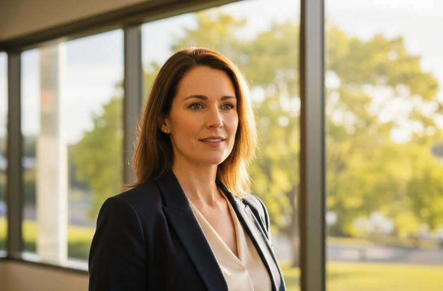 A dramatic, cinematically lit corporate headshot of a confident business professional in Ringwood North, Victoria, looking directly at the camera with a determined expression, demonstrating the impact of elevating Ringwood North corporate headshots. The background is a subtly blurred modern office interior, suggesting success and ambition, with golden hour light streaming in from a large window. This image perfectly captures an epic moment of professional empowerment.