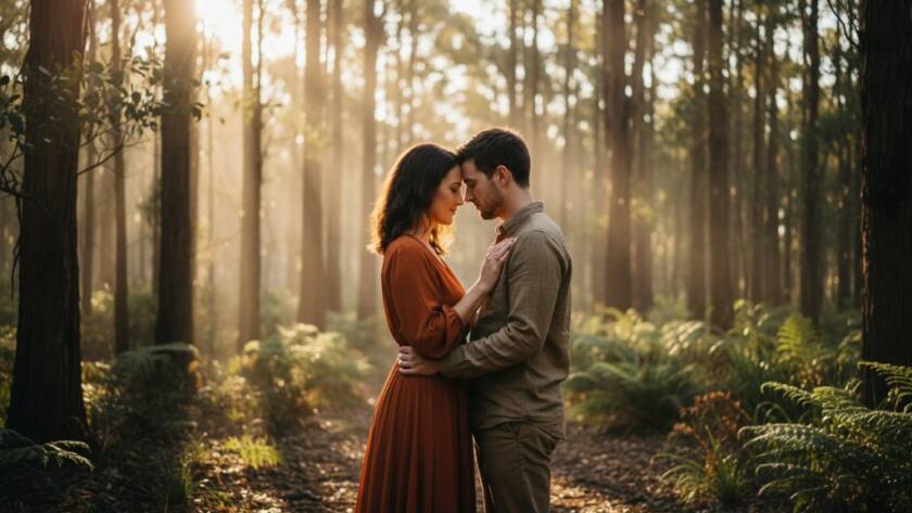 A stunning, emotionally charged fine art portrait capturing a couple embraced in a sun-drenched, ethereal forest in Ringwood North, showcasing the unique skill of elevating Ringwood North fine art portraiture to an epic moment.