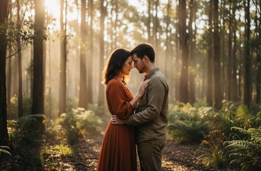 A stunning, emotionally charged fine art portrait capturing a couple embraced in a sun-drenched, ethereal forest in Ringwood North, showcasing the unique skill of elevating Ringwood North fine art portraiture to an epic moment.