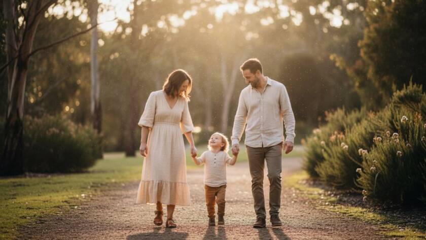 A stunning, golden hour fine art portrait capturing an 'epic moment' of a family amidst the natural beauty of Ringwood North, perfectly showcasing the essence of elevating Ringwood North memories with fine art photography, with dramatic backlighting highlighting their joyful expressions.