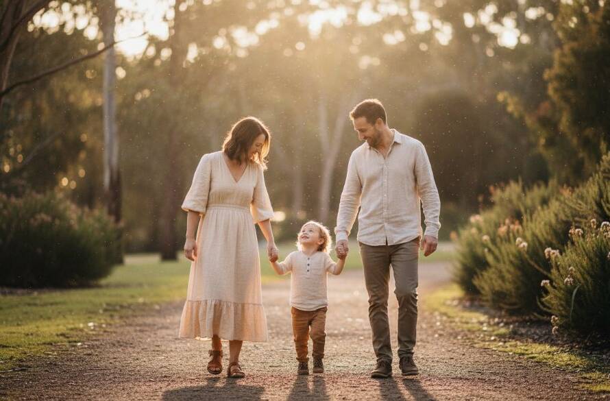 A stunning, golden hour fine art portrait capturing an 'epic moment' of a family amidst the natural beauty of Ringwood North, perfectly showcasing the essence of elevating Ringwood North memories with fine art photography, with dramatic backlighting highlighting their joyful expressions.