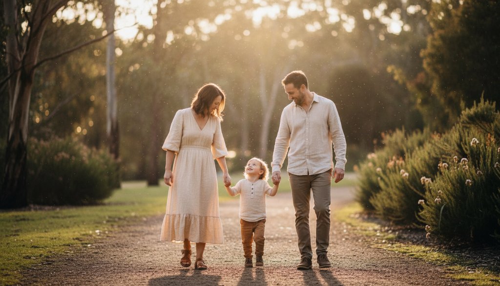 A stunning, golden hour fine art portrait capturing an 'epic moment' of a family amidst the natural beauty of Ringwood North, perfectly showcasing the essence of elevating Ringwood North memories with fine art photography, with dramatic backlighting highlighting their joyful expressions.