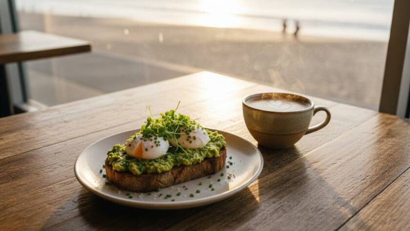 Dramatic overhead shot of a perfectly plated brunch dish, with a latte and fresh pastries on a rustic wooden table in a sun-drenched Seaford cafe, beautifully showcasing Elevating Seaford cafe menus with professional food photography by Image by SD.