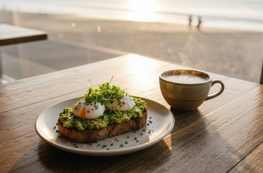 Dramatic overhead shot of a perfectly plated brunch dish, with a latte and fresh pastries on a rustic wooden table in a sun-drenched Seaford cafe, beautifully showcasing Elevating Seaford cafe menus with professional food photography by Image by SD.