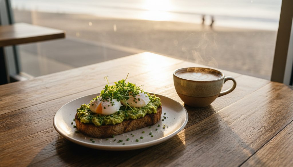 Dramatic overhead shot of a perfectly plated brunch dish, with a latte and fresh pastries on a rustic wooden table in a sun-drenched Seaford cafe, beautifully showcasing Elevating Seaford cafe menus with professional food photography by Image by SD.