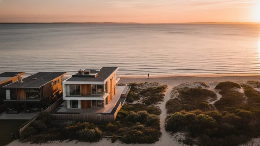 An aerial drone shot capturing an epic moment of a modern coastal home in Seaford, Victoria, bathed in golden hour light, with the pristine Seaford Beach and sparkling Port Phillip Bay in the background, showcasing the elevating Seaford real estate photography with captivating beach views.